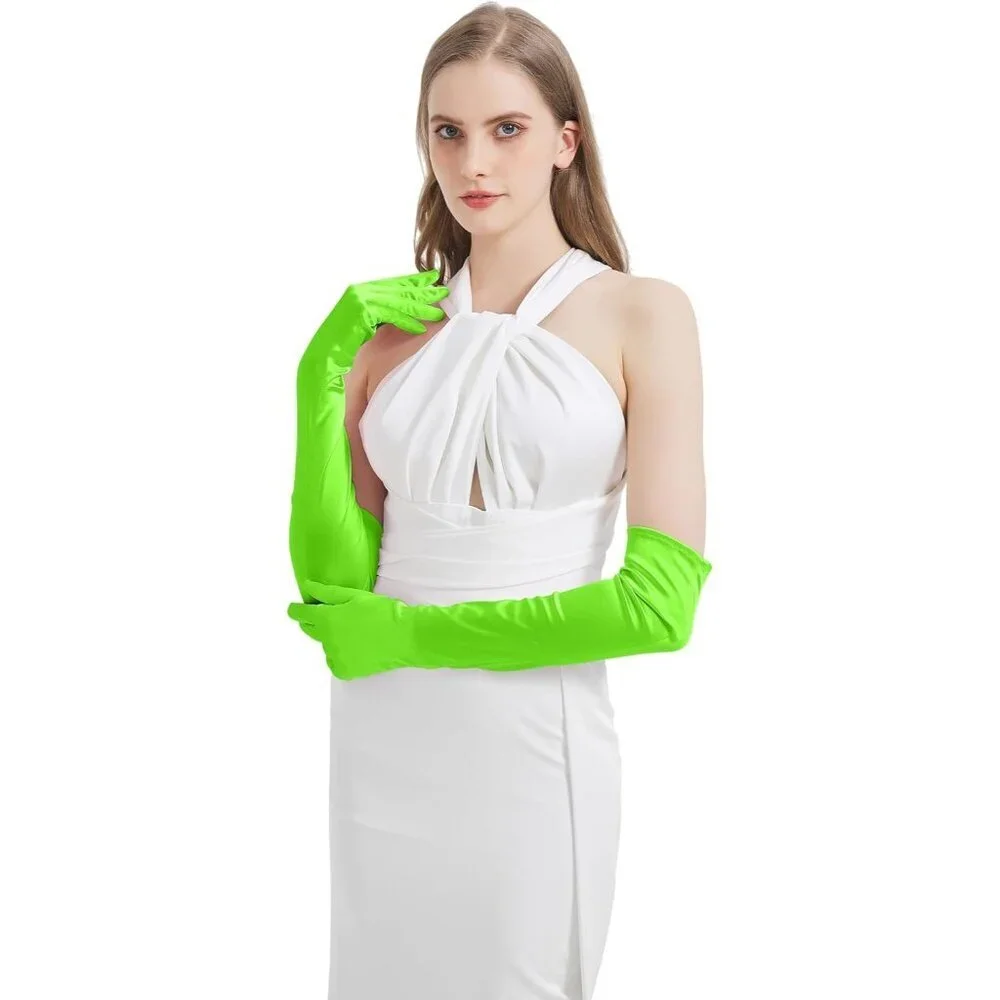 Women's Neon Green Imported Satin Elbow Length Halloween Cosplay Opera Gloves